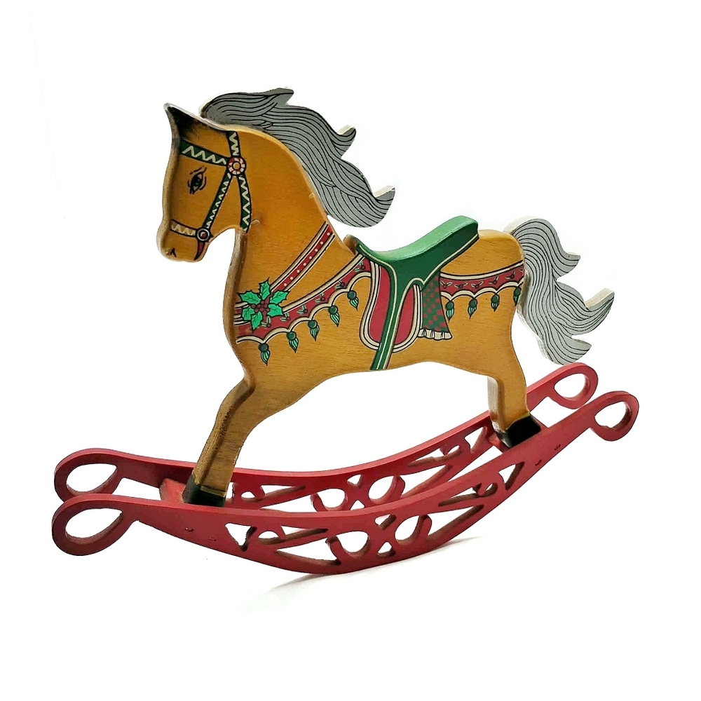 Vtg Christmas Hand Painted Wooden Rocking Horse Toy JAC Holiday Decor Folk Art - Picture 2 of 13